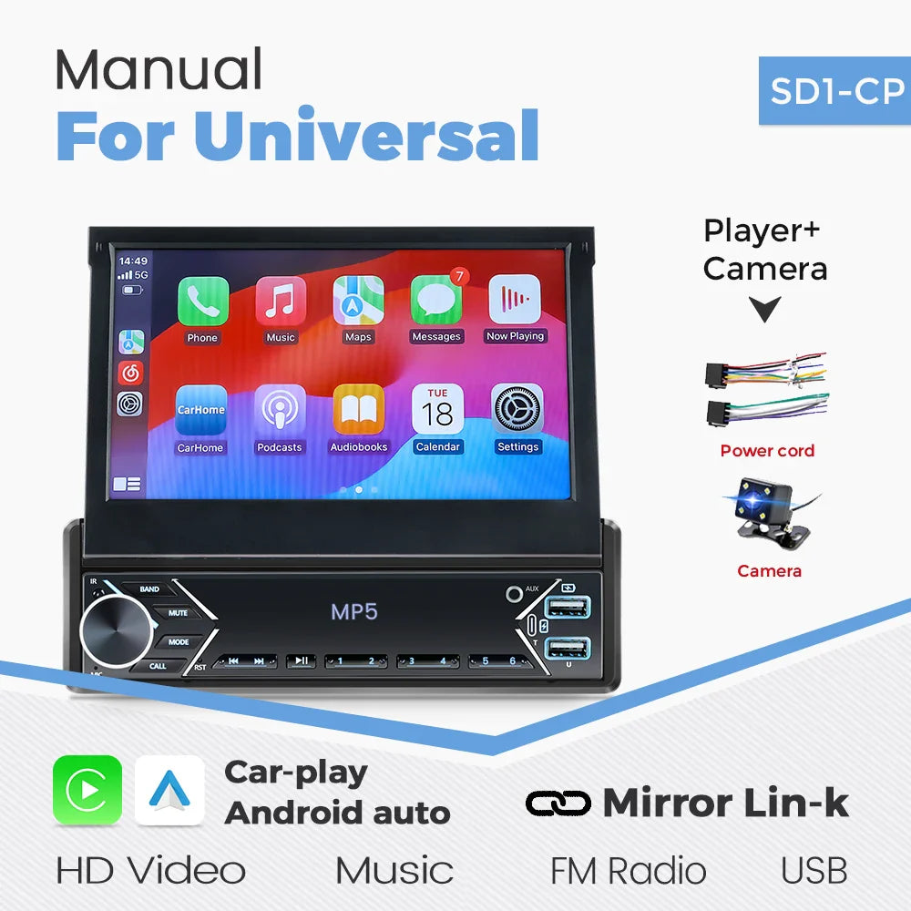 New Carplay Android Auto 1Din 7'' Retractable Universal Car Stereo Radio TouchScreen MP5 Player Intelligent Vehicle System BT FM