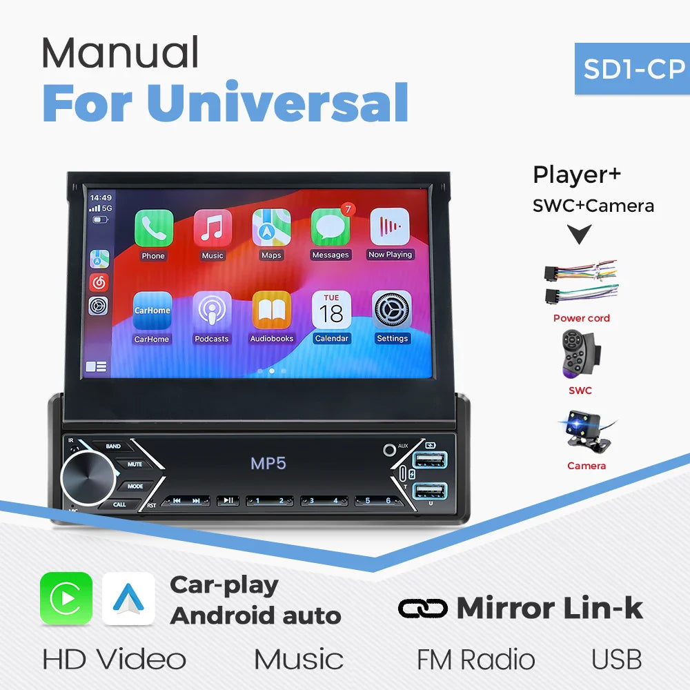 New Carplay Android Auto 1Din 7'' Retractable Universal Car Stereo Radio TouchScreen MP5 Player Intelligent Vehicle System BT FM