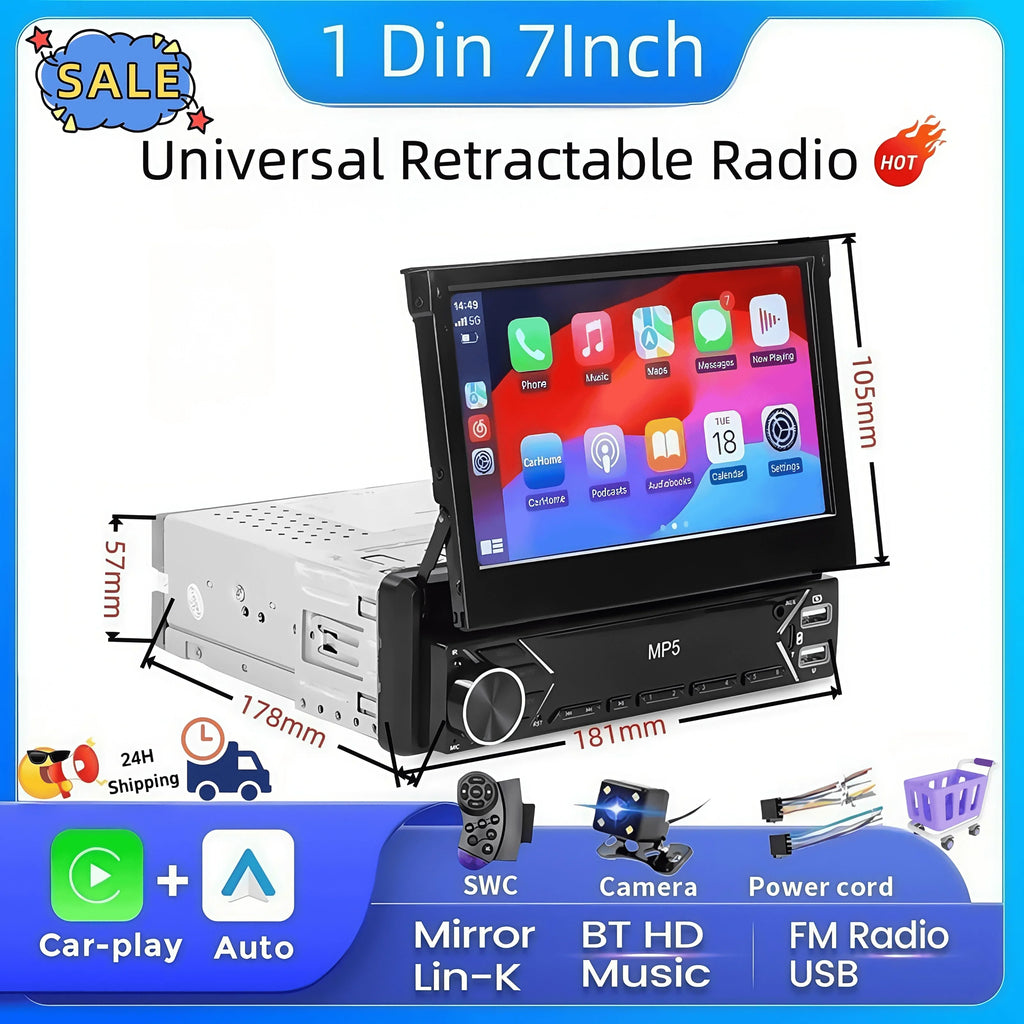 New Carplay Android Auto 1Din 7'' Retractable Universal Car Stereo Radio TouchScreen MP5 Player Intelligent Vehicle System BT FM