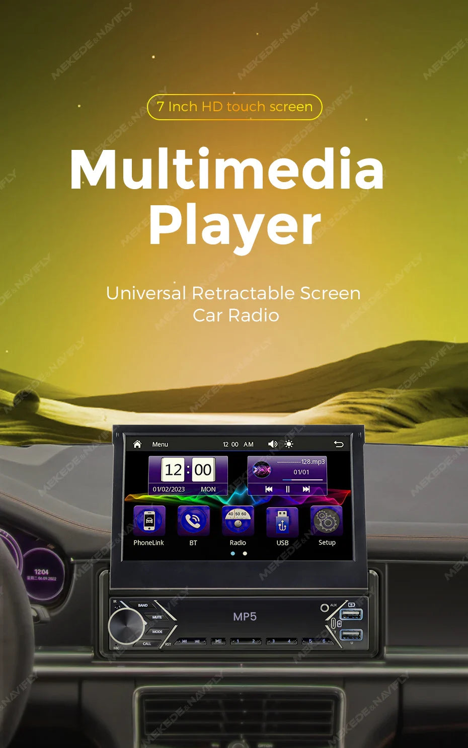 New Carplay Android Auto 1Din 7'' Retractable Universal Car Stereo Radio TouchScreen MP5 Player Intelligent Vehicle System BT FM