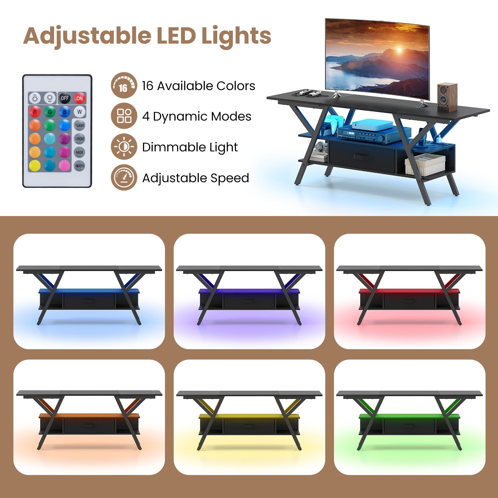TV Stand for 65 Inch TVs with Power Outlets and LED Lights