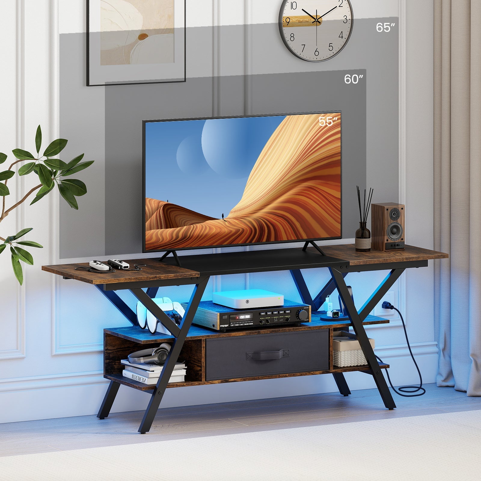 TV Stand for 65 Inch TVs with Power Outlets and LED Lights