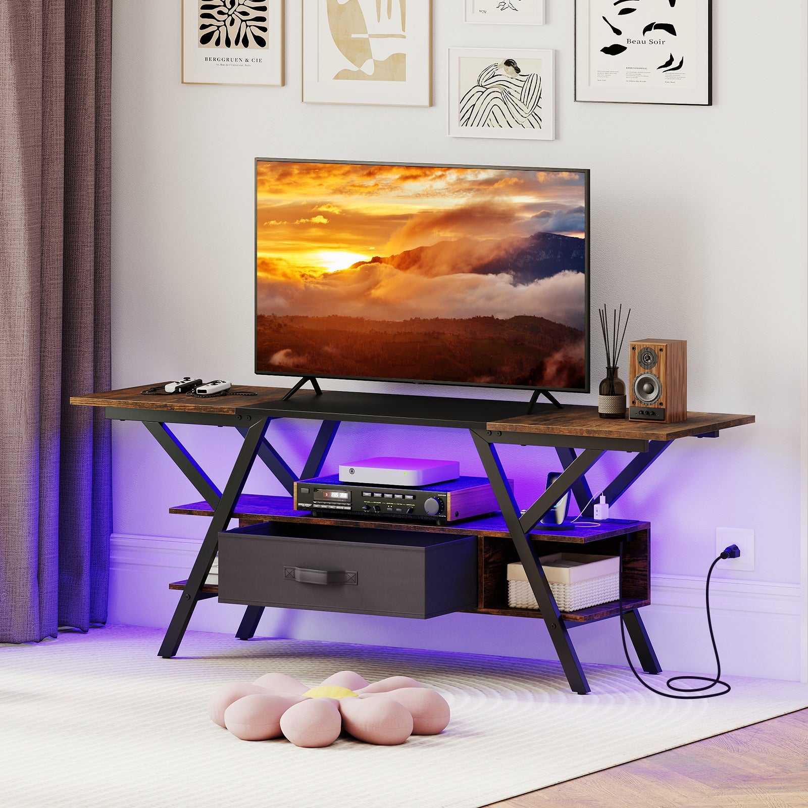 TV Stand for 65 Inch TVs with Power Outlets and LED Lights
